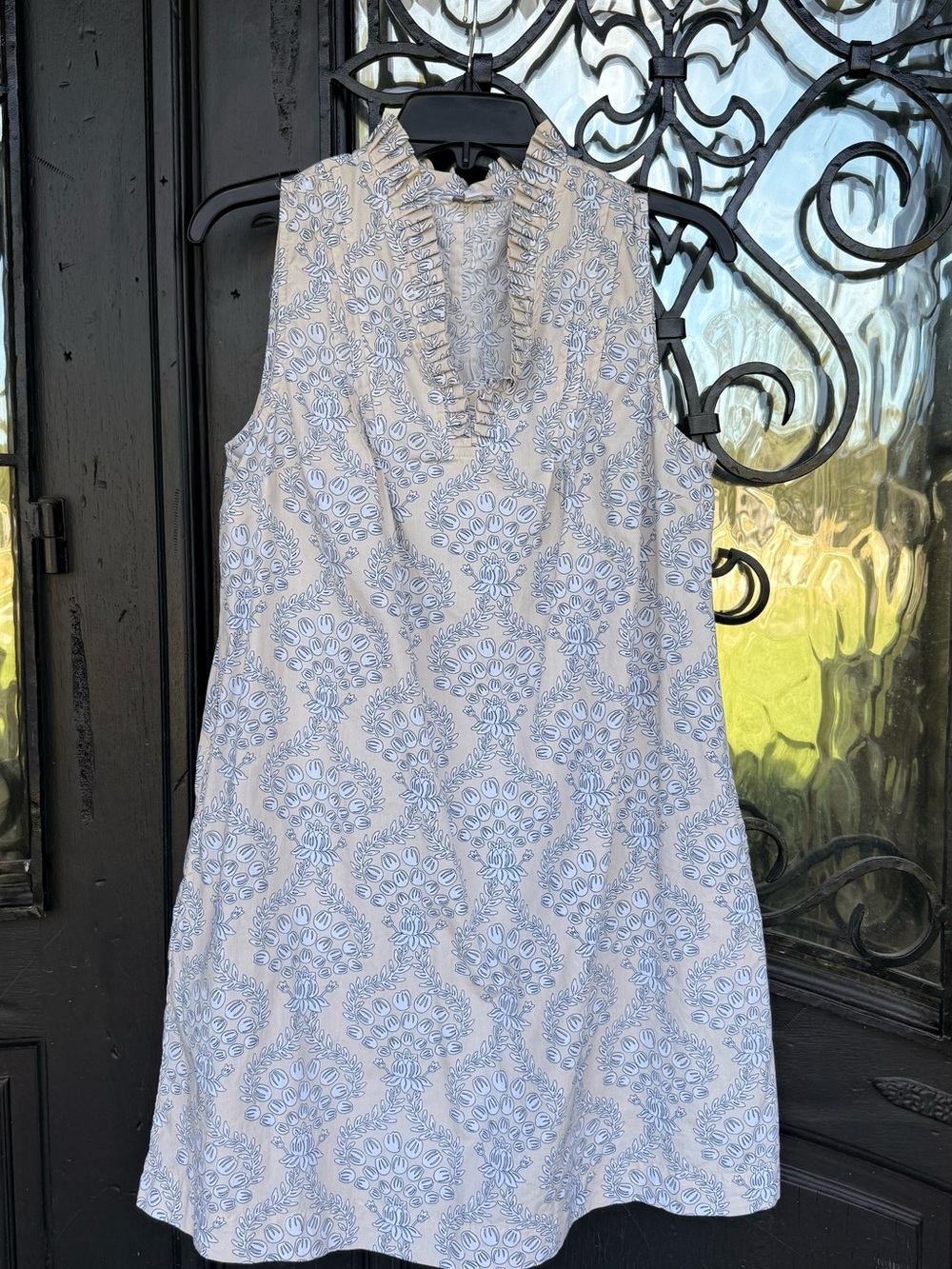 crown & ivy White and Light Blue Ruffled V-Neck Midi Dress